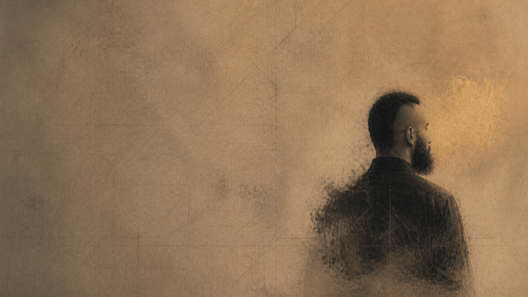 Abstract profile of a bearded man with a mohawk dissolving into charcoal lines against a warm textured background.