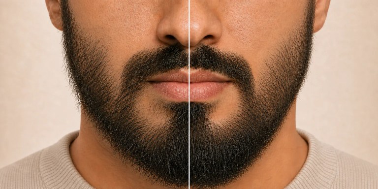 Split close-up of the same beard with lighter-looking areas on both sides, showing a grooming comparison without added hair.