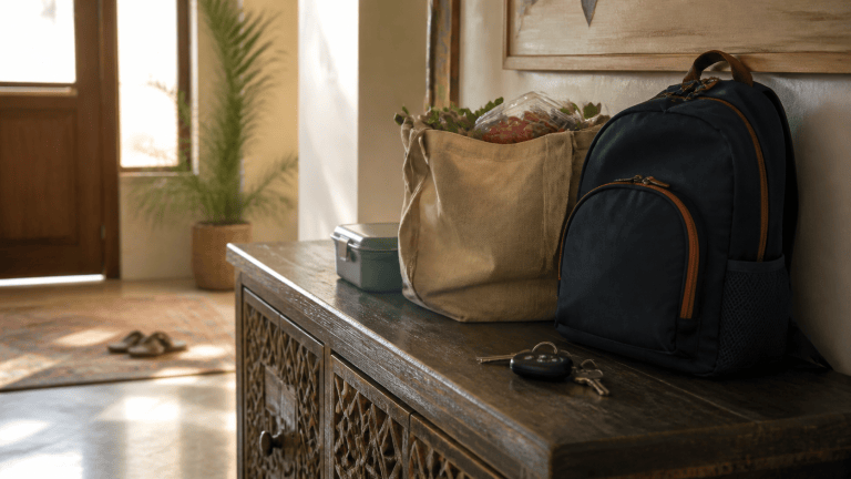 Car keys beside a school backpack, lunch container and groceries in a sunlit Jeddah home.