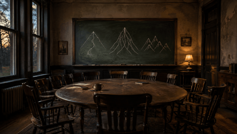 An empty old seminar room with a wooden table and chairs facing a chalkboard showing one mountain with one path, one mountain with many paths and several separate mountains.